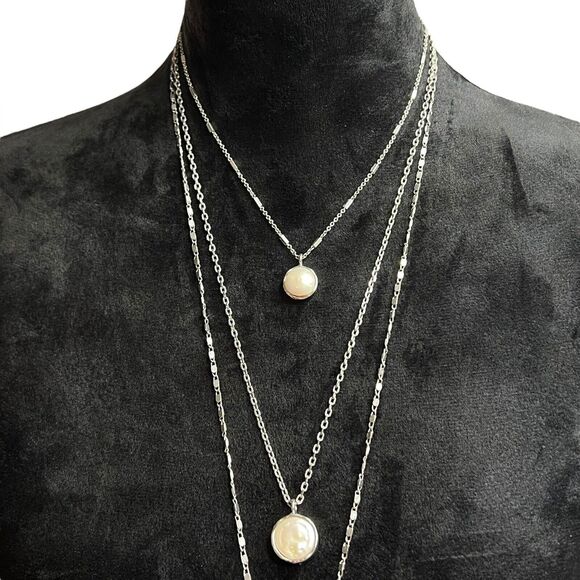 VERONESE Layered Necklace Silver Tone Baroque Pearl Pendant Tassel Chain Women - Picture 3 of 16